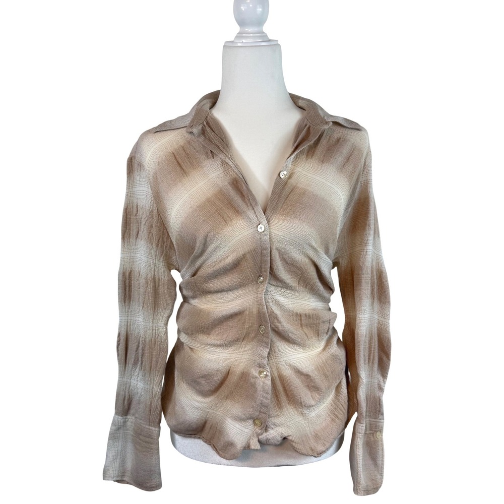 Zara Tie Back Plaid Blouse Textured Top Neutral Boho Coastal Button Front Size S